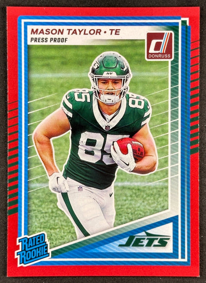 Mason Taylor 2025 Donruss Rated Rookie Press Proof Red Jets Sports Trading Card