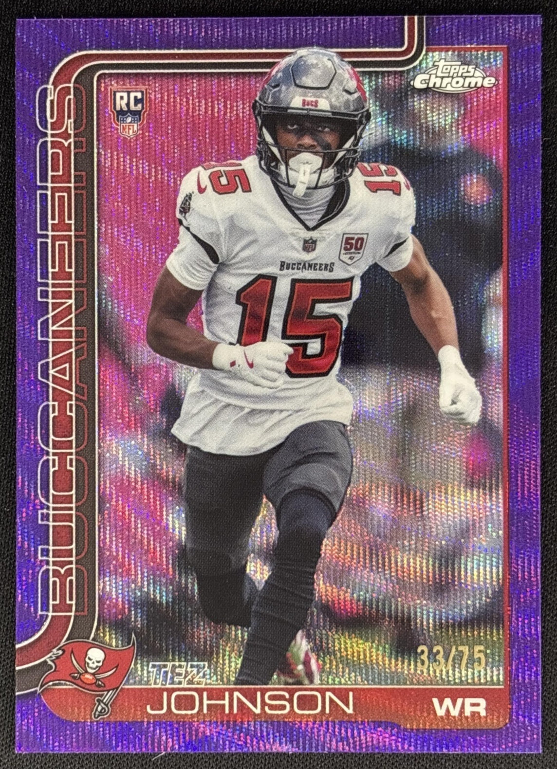Tez Johnson 2025 Topps Chrome Rookie Purple Wave Refractor /75 Buccaneers Sports Trading Cards