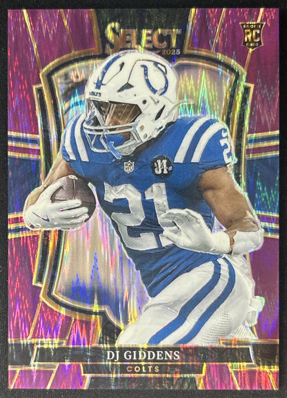 DJ Giddens 2025 Panini Select Premier Level Purple Prizm Shock /699 Colts front