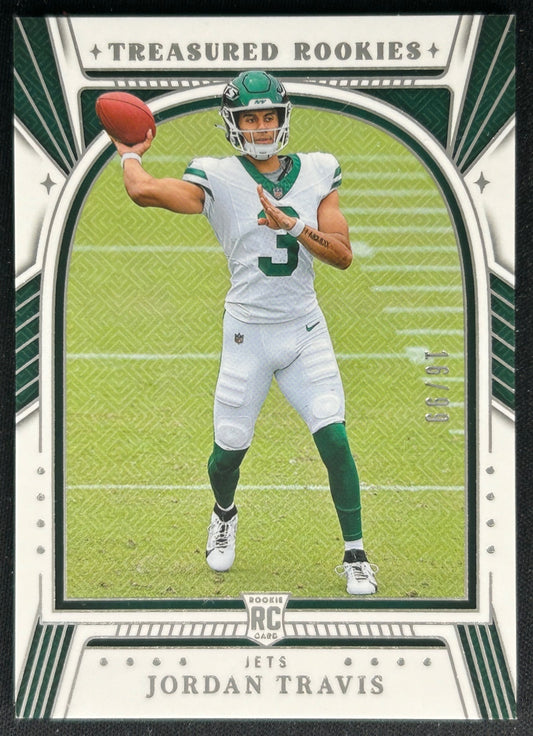 Jordan Travis 2024 Panini National Treasures Treasured Rookies /99 Jets Sports Trading Cards