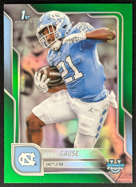 Front of Davion Gause 2025 Chrome University Prospects Green Refractor /99 Tar Heels