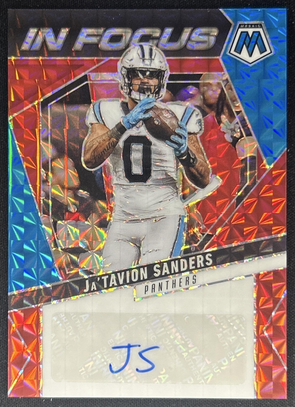 Ja'Tavion Sanders 2025 Panini Mosaic In Focus Signatures Red Prizm /199 Panthers front