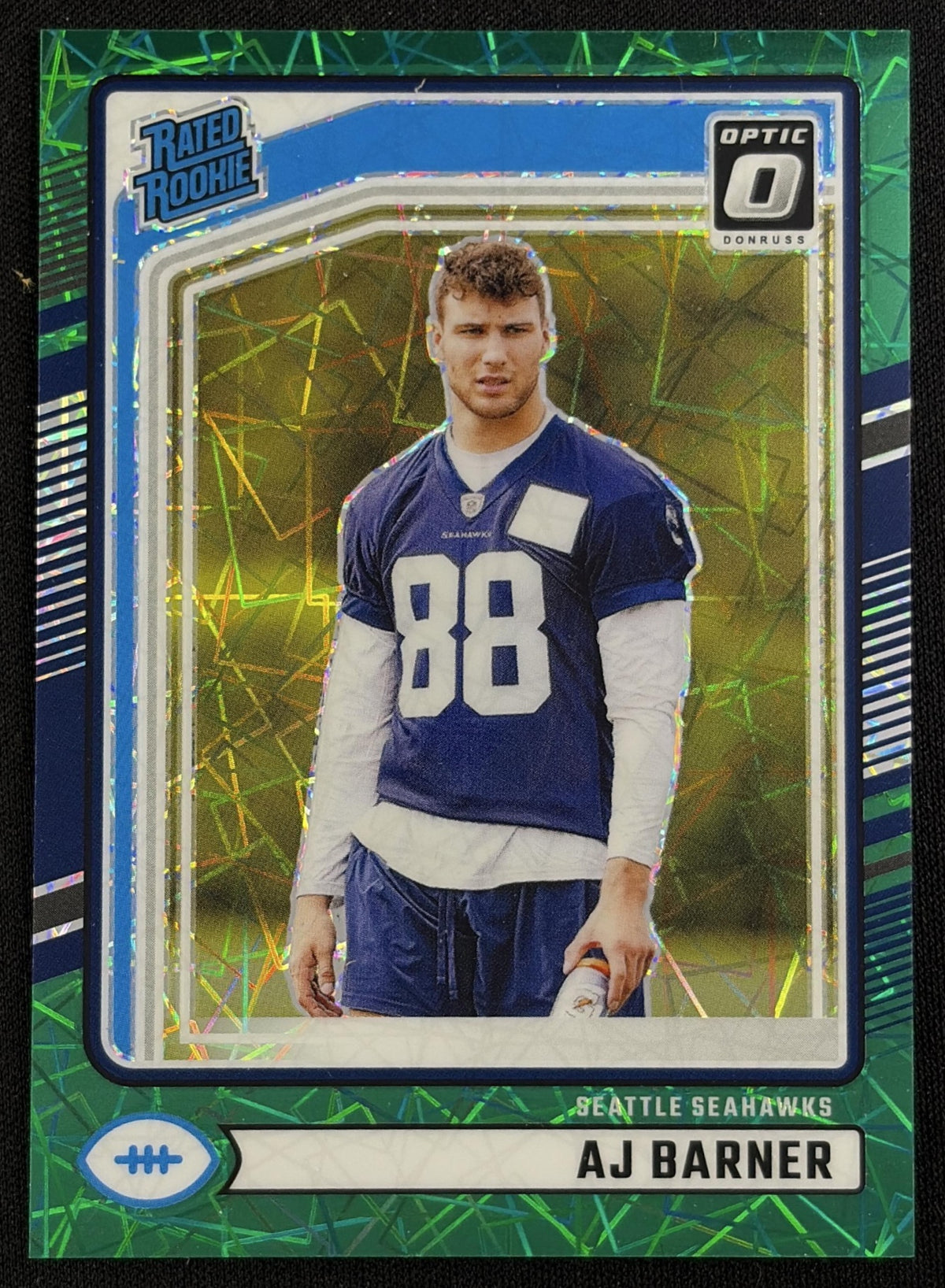 Front of AJ Barner 2024 Panini Donruss Optic Rated Rookies Preview Green Velocity Seahawks sports trading card