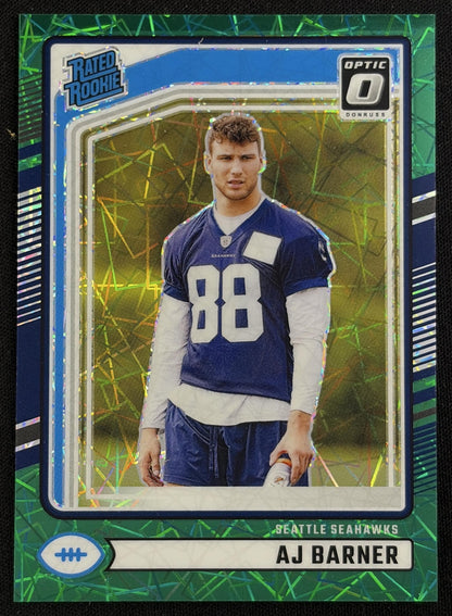 Front of AJ Barner 2024 Panini Donruss Optic Rated Rookies Preview Green Velocity Seahawks sports trading card