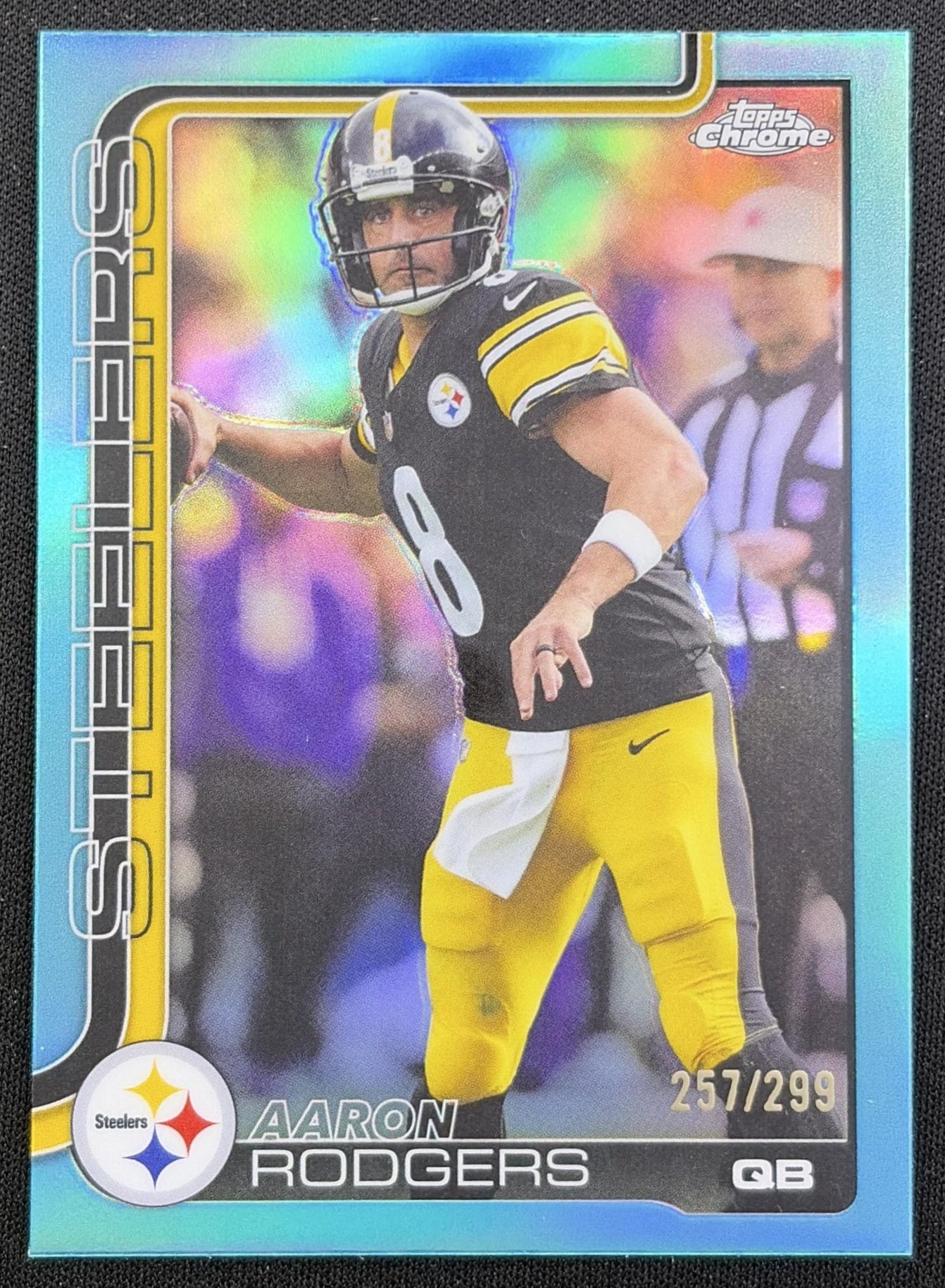 Aaron Rodgers 2025 Topps Chrome Teal Refractor /299 Steelers Pittsburgh Steelers