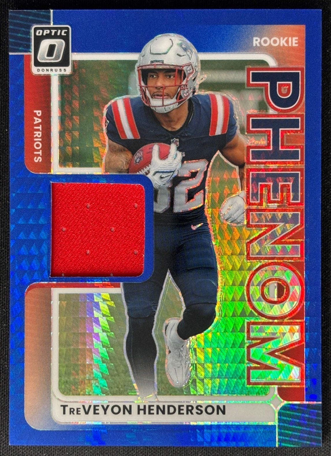 TreVeyon Henderson 2025 Donruss Optic Rookie Phenoms Blue Hyper Prizm Patriots Sports Trading Card