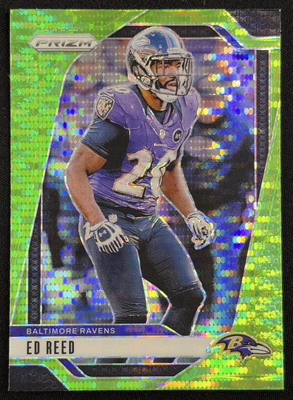 Front of Ed Reed 2024 Panini Prizm Neon Green Pulsar Prizm Ravens sports trading card