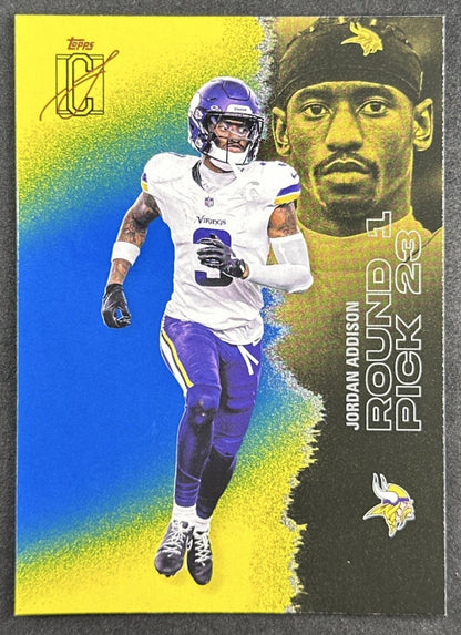 Jordan Addison 2025 Topps Signature Class Veteran Blue & Yellow Foil Vikings front sports trading card