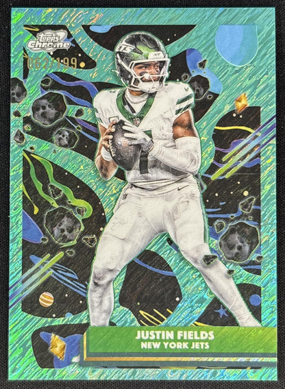 Justin Fields 2025 Topps Cosmic Chrome Aqua Equinox Refractor /199 Jets Front