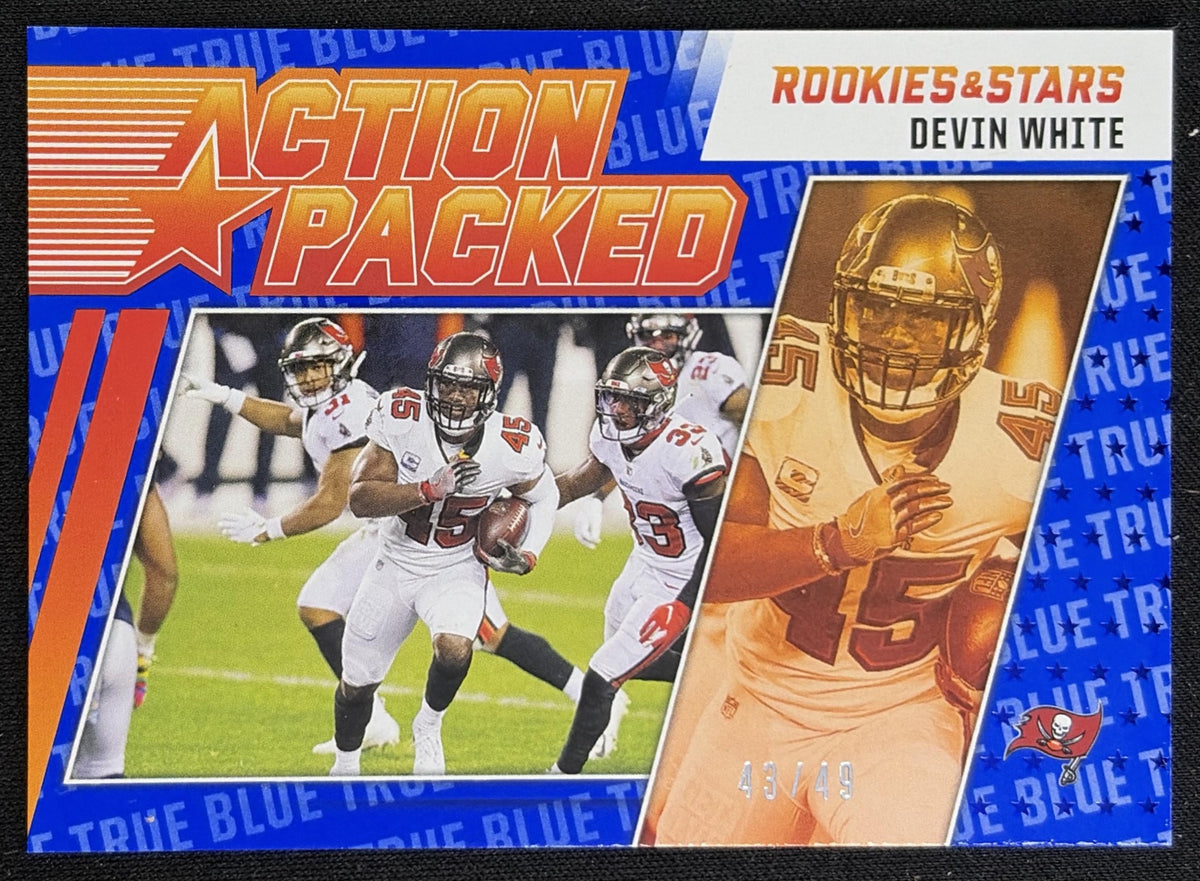 Devin White 2021 Panini Rookies & Stars Action Packed True Blue /49 Buccaneers Sports Trading Card