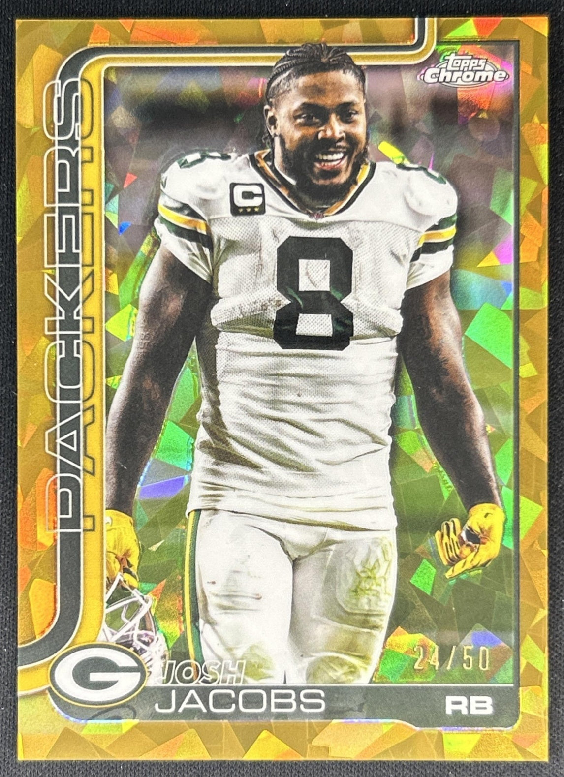 Josh Jacobs 2025 Chrome Sapphire Image Variation Gold Refractor /50 Packers front