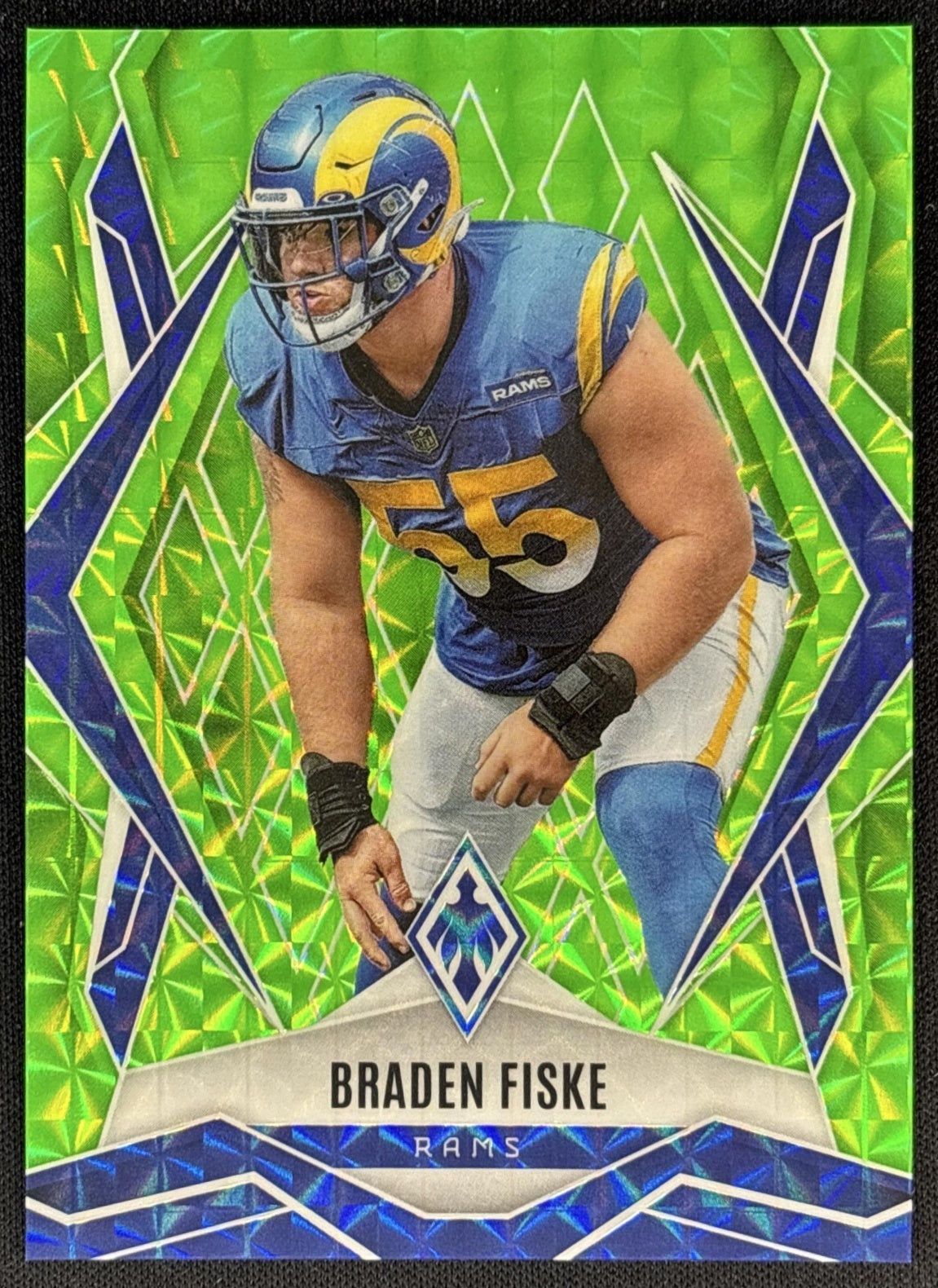 Braden Fiske 2025 Panini Phoenix Lime Green Pyramids Prizm /285 Rams front
