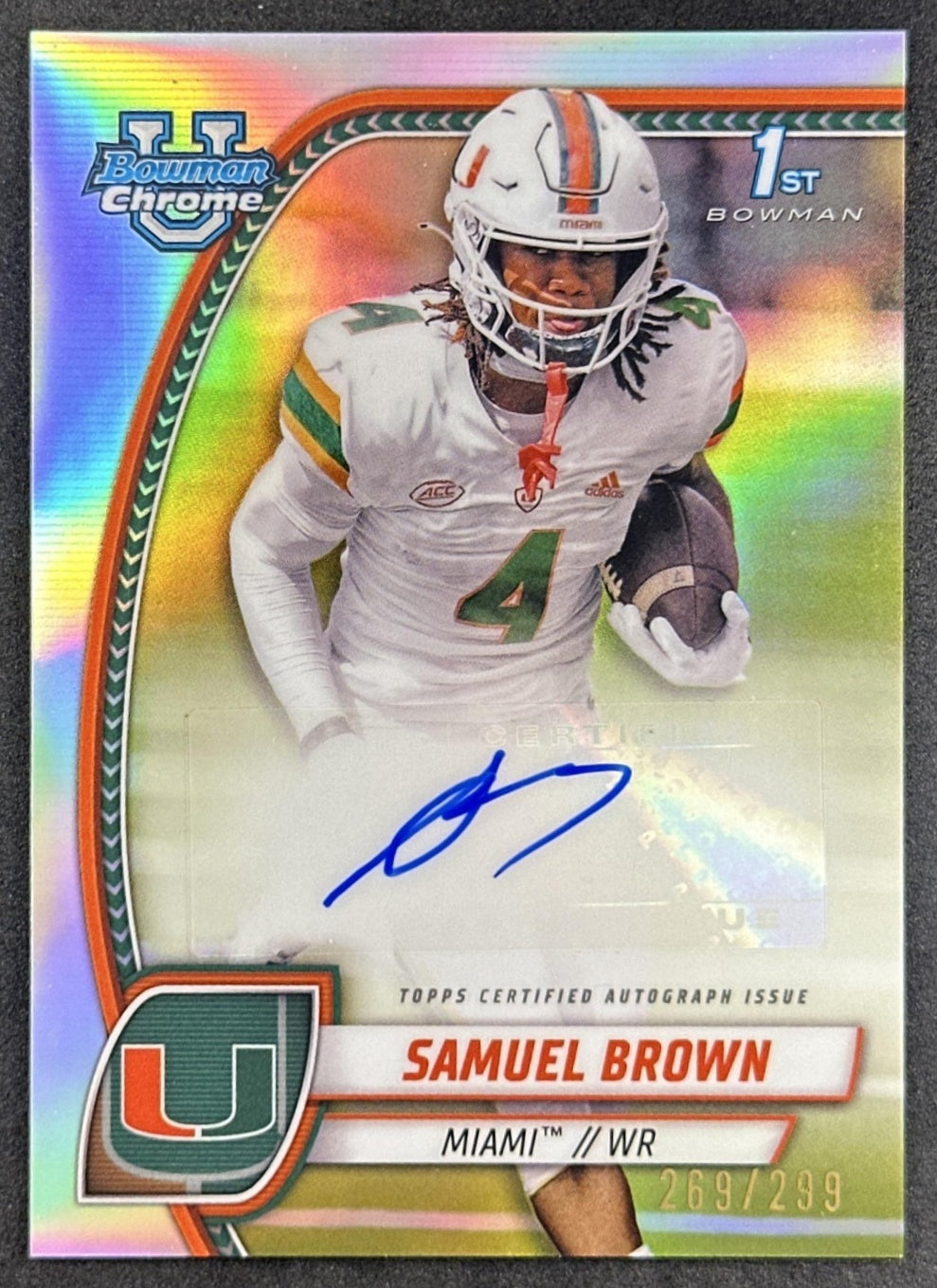 Samuel Brown 2024 Chrome University Prospect Auto Refractor /299 Hurricanes front