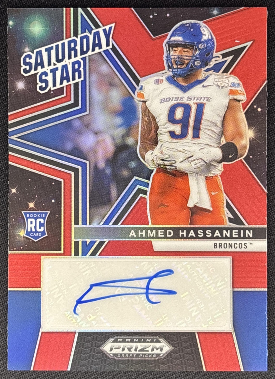 Ahmed Hassanein 2025 Prizm Draft Picks Saturday Star Signatures Red /399 Broncos