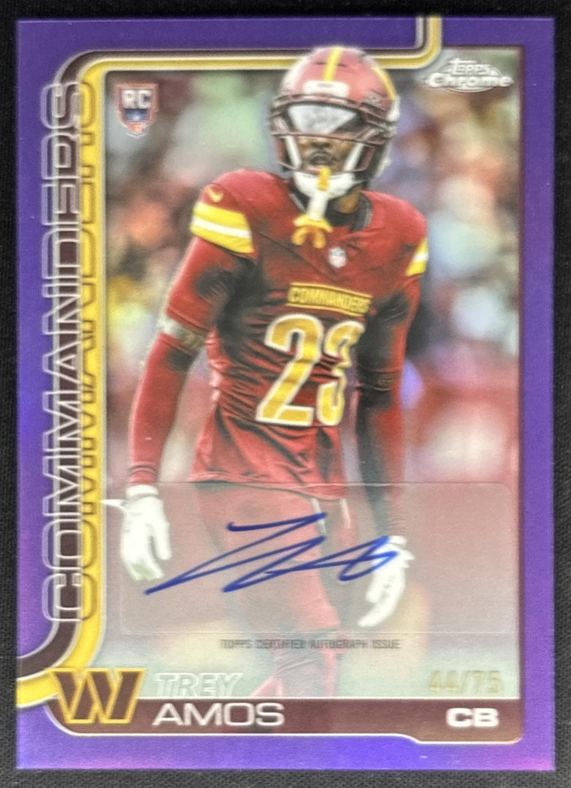 Trey Amos 2025 Topps Chrome Rookie Auto Purple Refractor /75 Commanders Sports Trading Cards