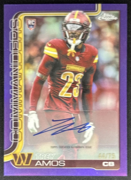 Trey Amos 2025 Topps Chrome Rookie Auto Purple Refractor /75 Commanders Sports Trading Cards