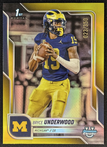 Bryce Underwood 2025 Chrome University Prospects Yellow Refractor /350 Wolverines front