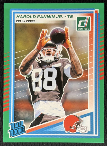 Harold Fannin Jr. 2025 Panini Donruss Rated Rookie Press Proof Green Browns front