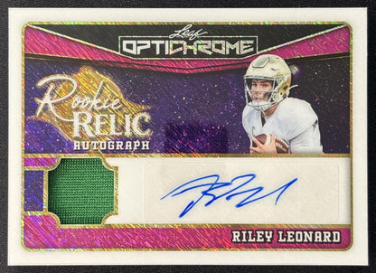Riley Leonard 2025 Leaf Optichrome Rookie Relic Auto Shimmer Pink /8