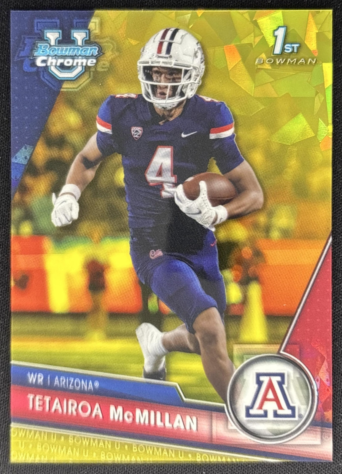Tetairoa McMillan 2023 Bowman University Chrome Sapphire Yellow /75 Wildcats front