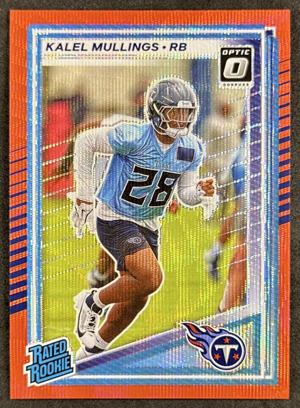 Kalel Mullings 2025 Donruss Optic Rated Rookie Preview Red Wave Titans front sports trading card