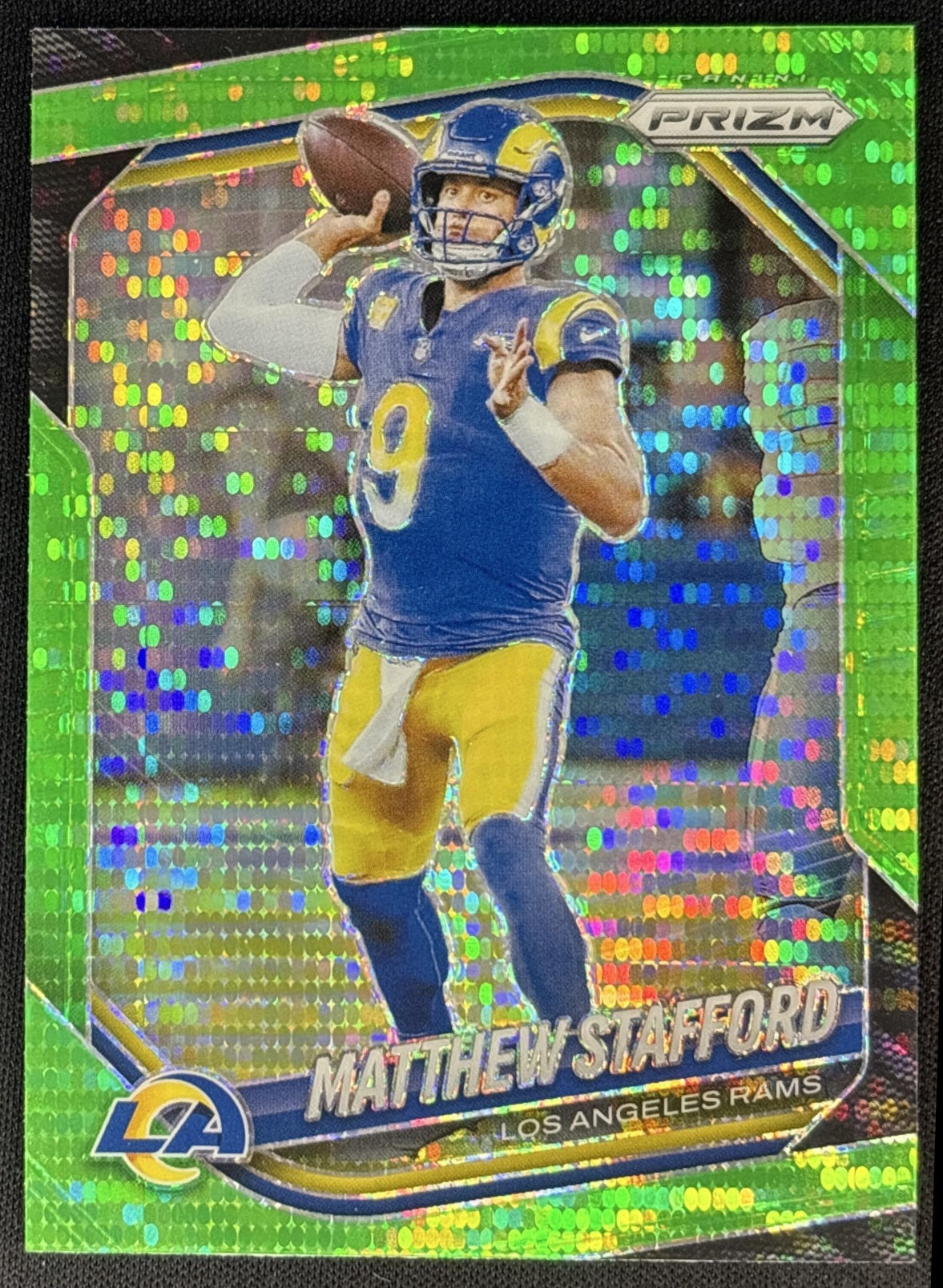 Matthew Stafford 2025 Panini Prizm Neon Green Pulsar Rams