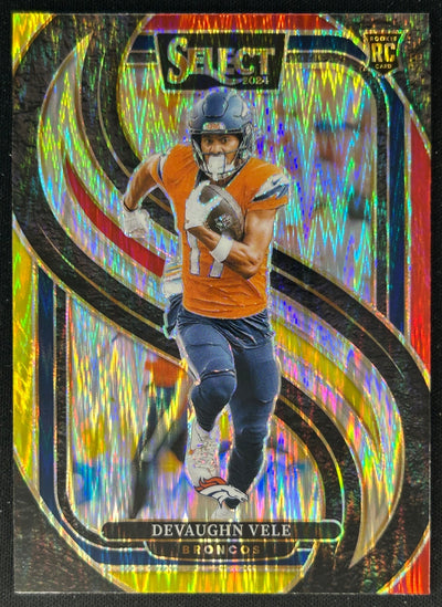 Devaughn Vele 2024 Panini Select Premier Red and Yellow Prizm Shock Broncos Sports Trading Cards
