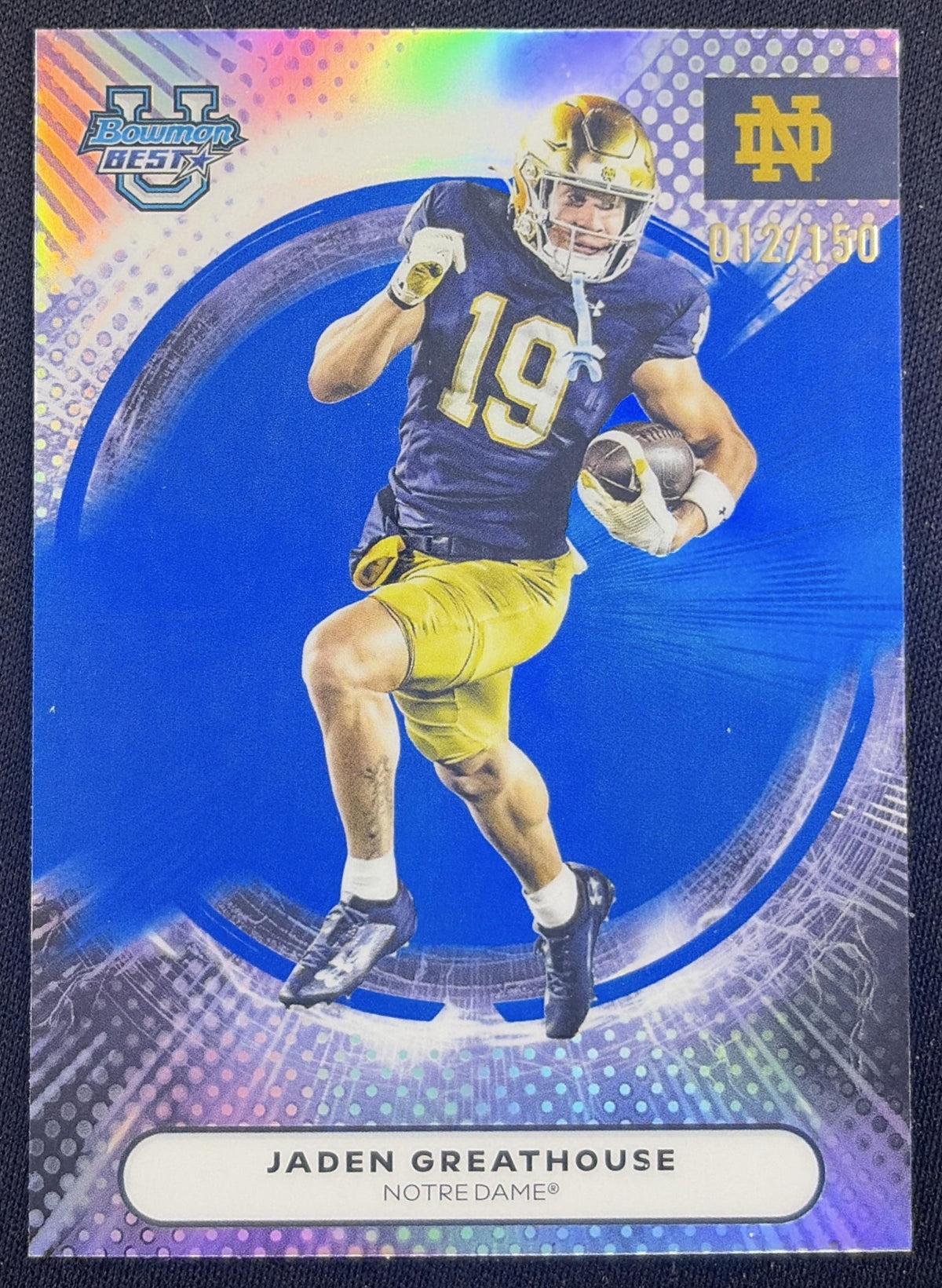 Jaden Greathouse 2025 Bowman Best University Blue Refractor /150 Fighting Irish Sports Trading Card