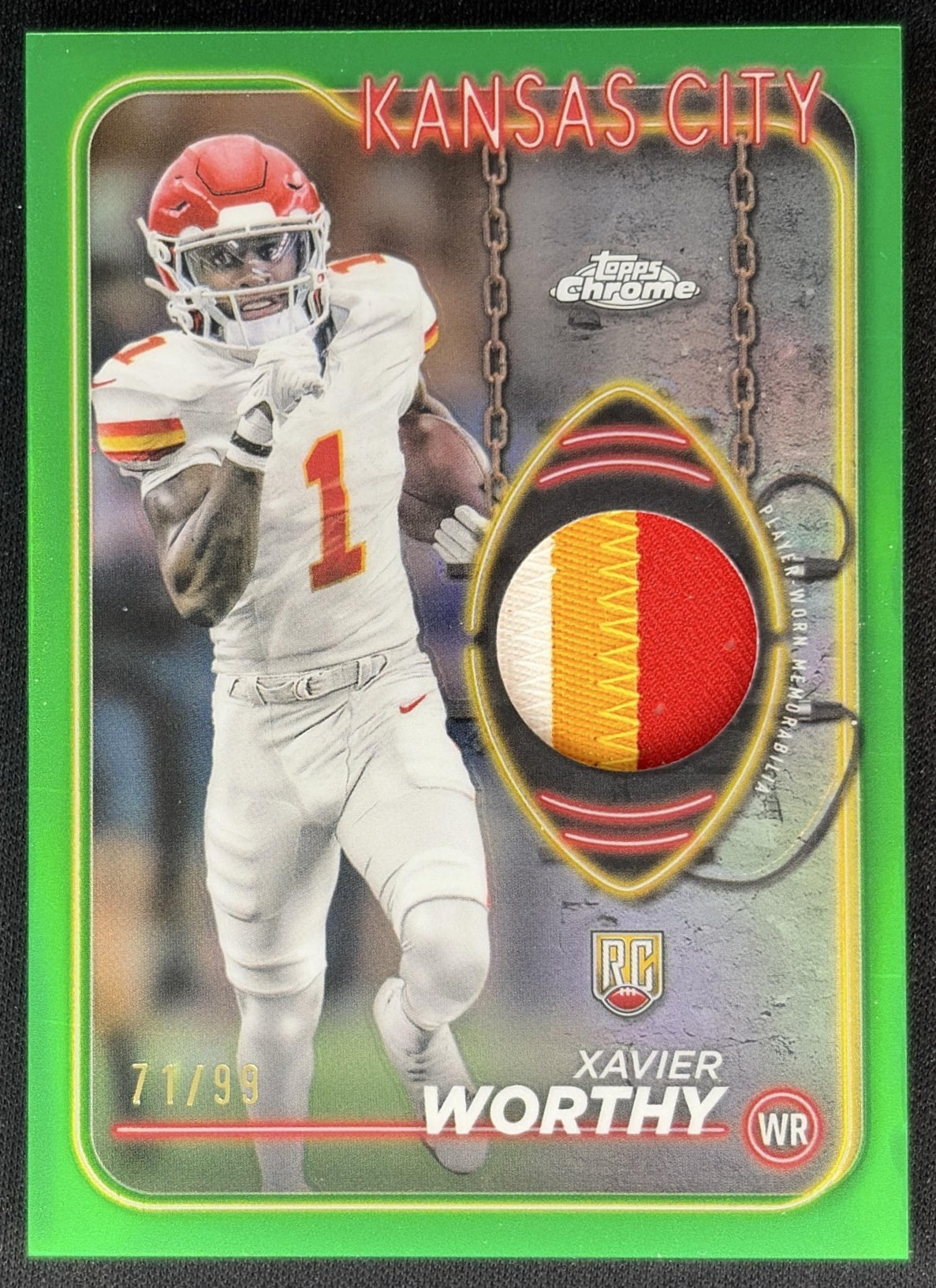 Xavier Worthy 2024 Topps Chrome Rookie Relics Green Refractor /99 Chiefs front