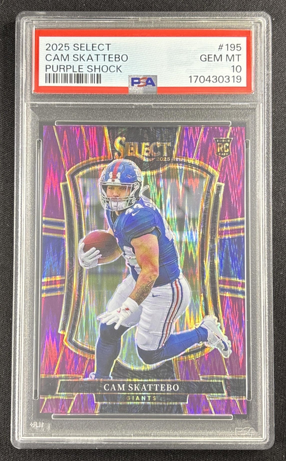 Cam Skattebo 2025 Panini Select Premier Level Purple Prizm Shock /699 PSA 10 Giants Sports Trading Card