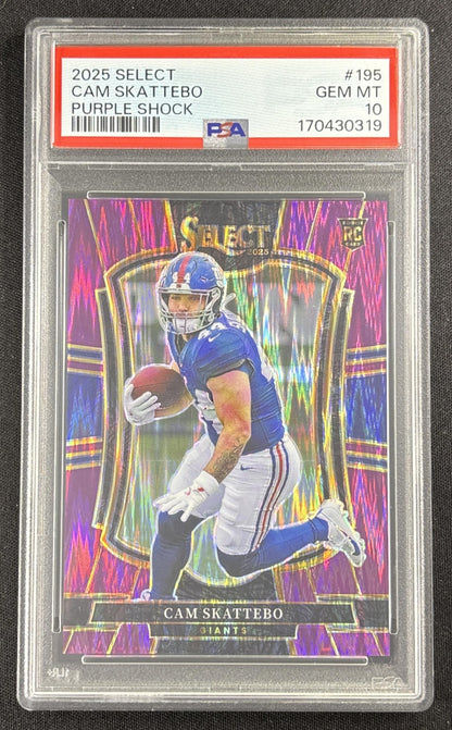 Cam Skattebo 2025 Panini Select Premier Level Purple Prizm Shock /699 PSA 10 Giants Sports Trading Card