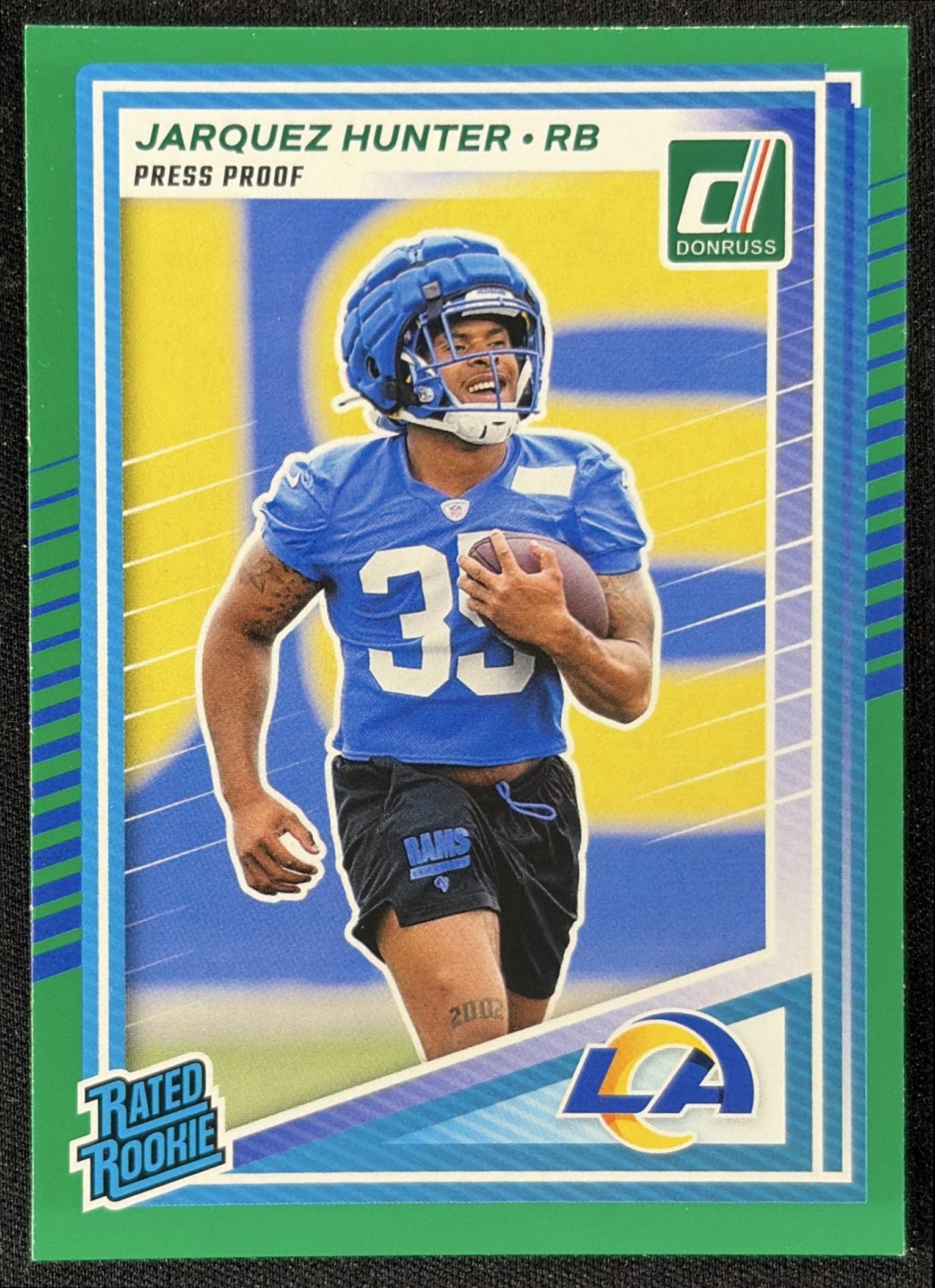 Jarquez Hunter 2025 Panini Donruss Rated Rookie Press Proof Green Rams