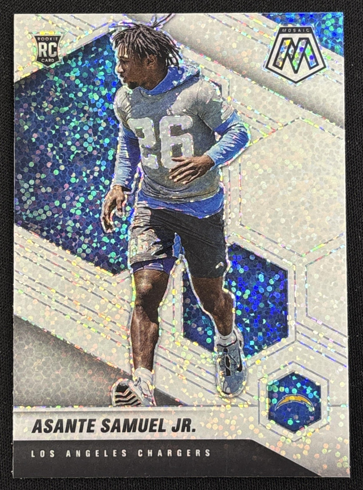 Asante Samuel Jr. 2021 Panini Mosaic White Sparkle Prizm SSP Chargers sports trading card front