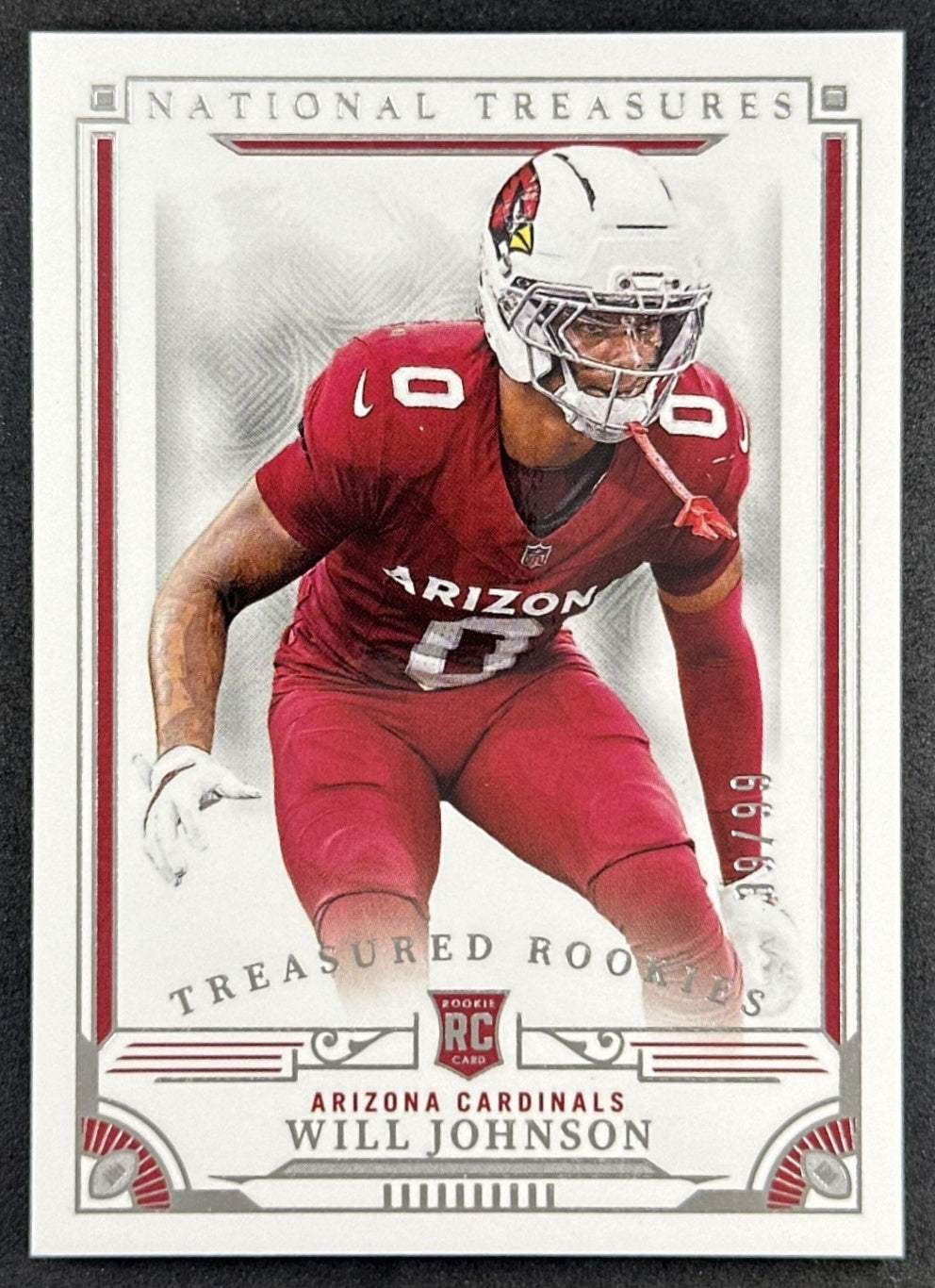 Will Johnson 2025 Panini National Treasures Treasured Rookies /99 Cardinals front