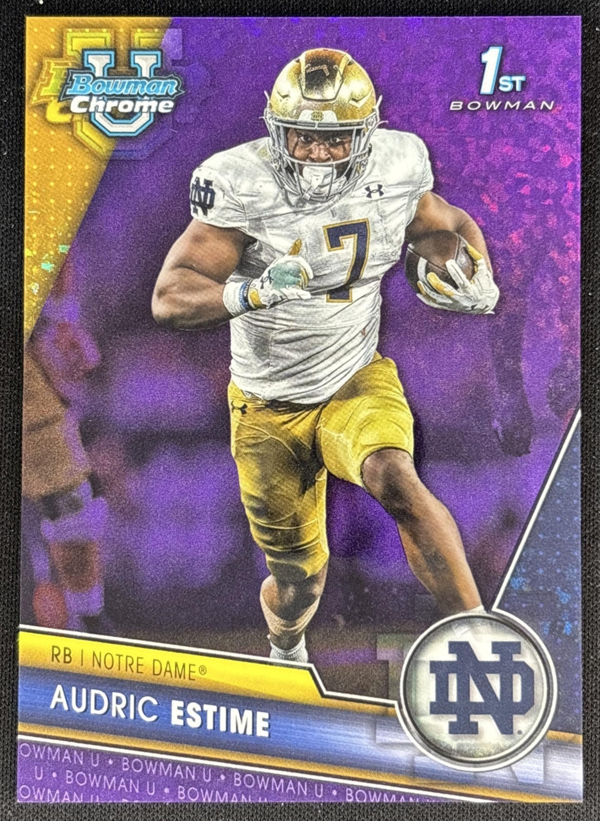 Audric Estime 2023 University Chrome Purple Mini Diamond Refractor /399 Fighting Irish front