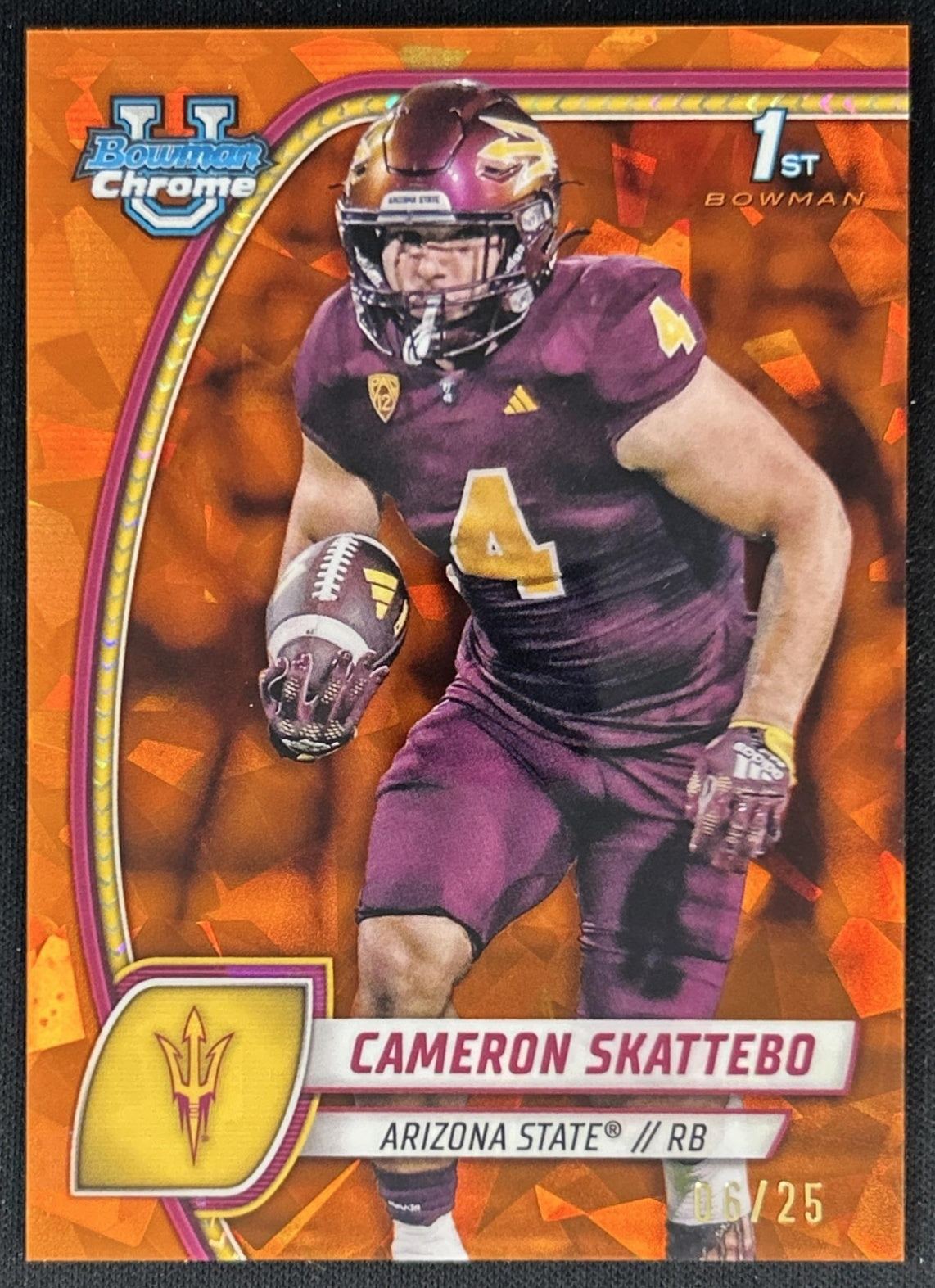 Cameron Skattebo 2024 Bowman Chrome University Sapphire Orange Refractor /25 Default Title Sports Trading Cards