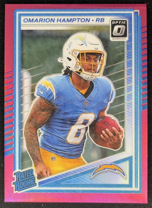 Omarion Hampton 2025 Panini Donruss Optic Rated Rookie Pink Prizm Chargers front
