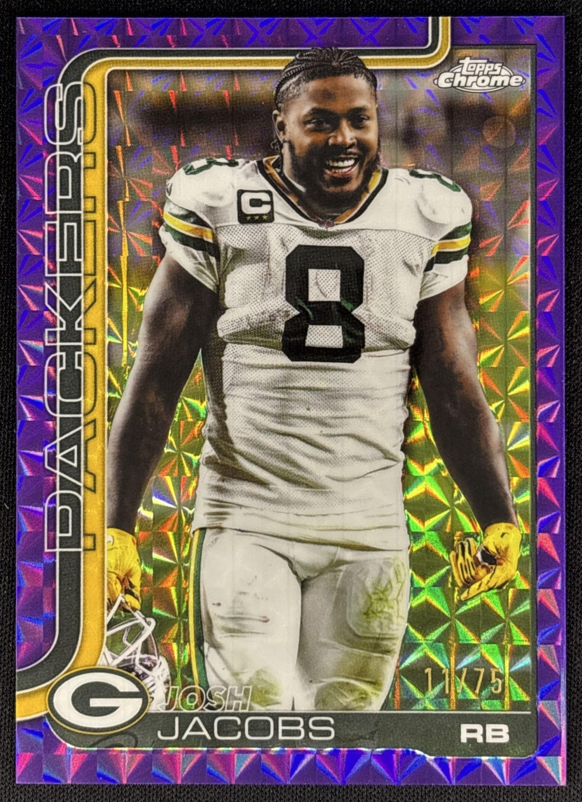 Josh Jacobs 2025 Chrome Image Variation Purple Geometric Refractor /75 Packers Sports Trading Card