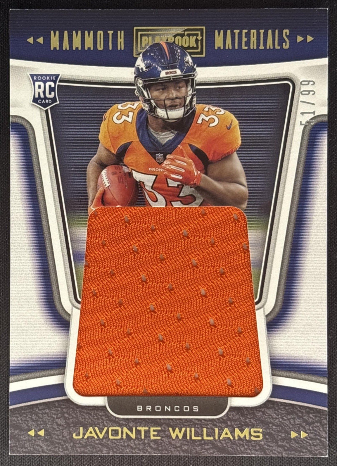 Javonte Williams 2021 Panini Playbook Mammoth Material Gold /99 Broncos front