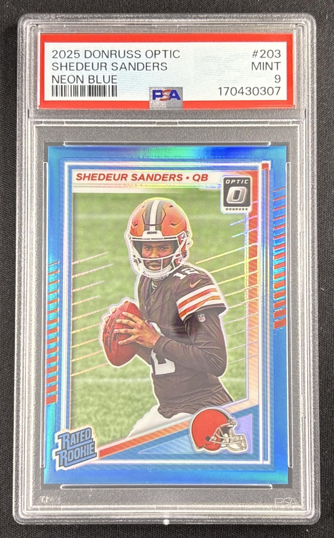 Shedeur Sanders 2025 Panini Donruss Optic Rated Rookie Neon Blue Prizm /399 PSA 9 Browns