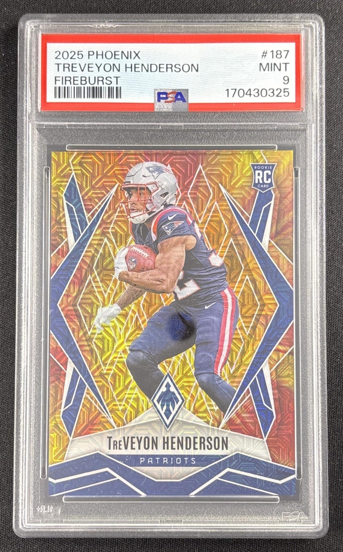 TreVeyon Henderson 2025 Panini Phoenix Fire Burst Prizm /350 PSA 9 Patriots 170430325