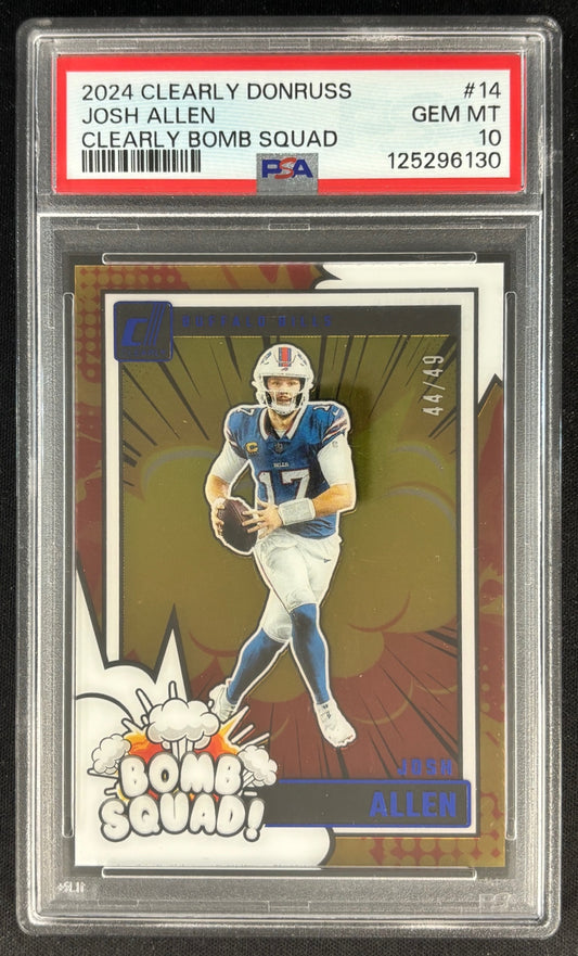Josh Allen 2024 Clearly Donruss Bomb Squad Blue /49 PSA 10 Bills - Front (Wayne Collection)