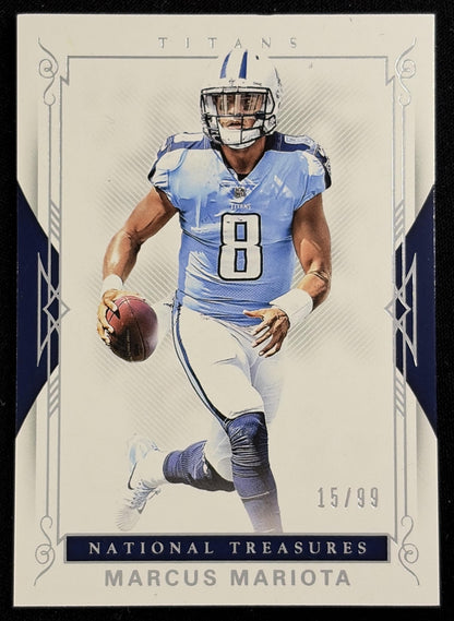 Front of Marcus Mariota 2018 Panini National Treasures /99 Titans sports trading card
