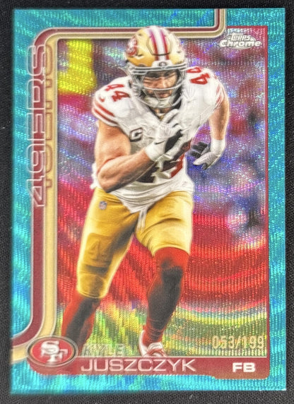 Kyle Juszczyk 2025 Topps Chrome Aqua Wave Refractor /199 49ers front