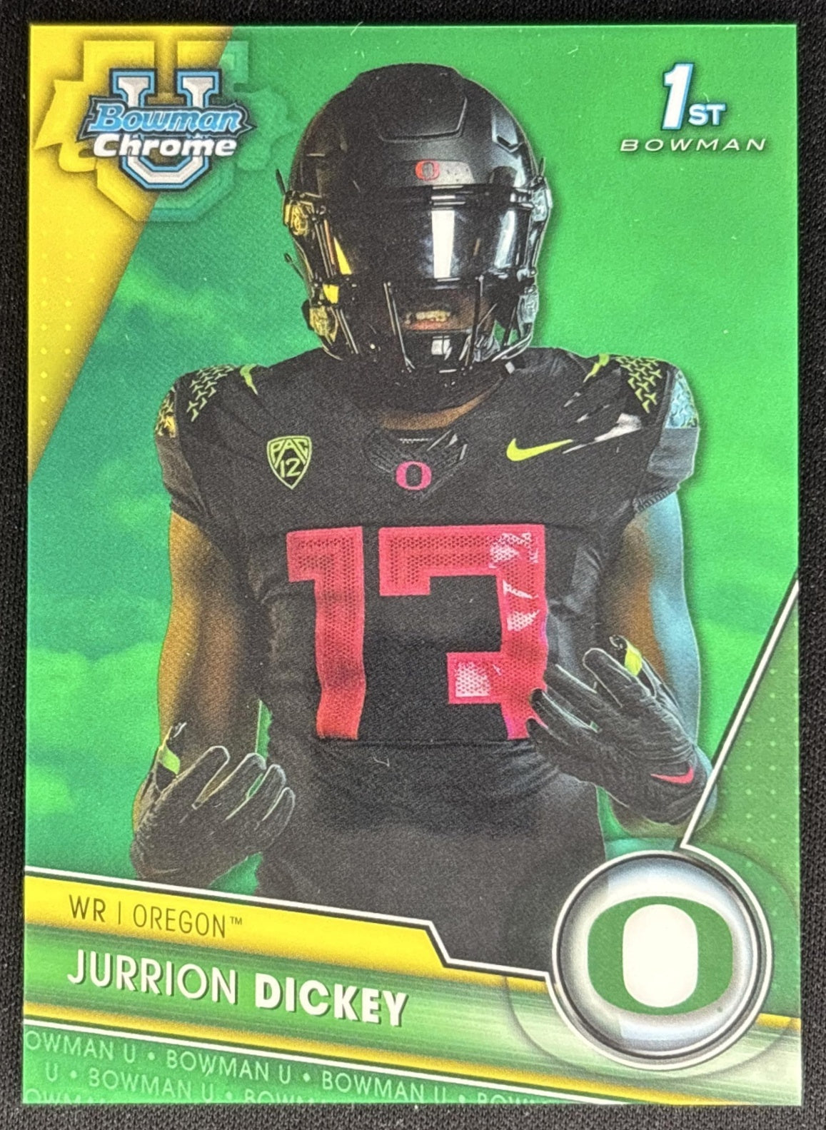 Jurrion Dickey 2023 Bowman University Chrome Green Refractor /99 Ducks front