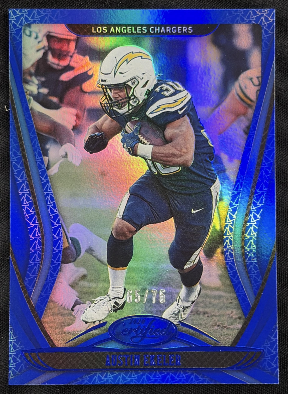 Front of Austin Ekeler 2020 Panini Certified Mirror Blue /75 Chargers sports trading card