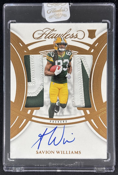 Savion Williams 2025 Panini Flawless Rookie Dual Patch Auto Bronze /4 Packers front