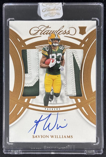Savion Williams 2025 Panini Flawless Rookie Dual Patch Auto Bronze /4 Packers front