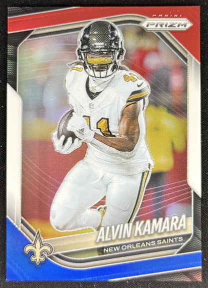 Alvin Kamara 2025 Panini Prizm Red White & Blue Saints Sports Trading Card