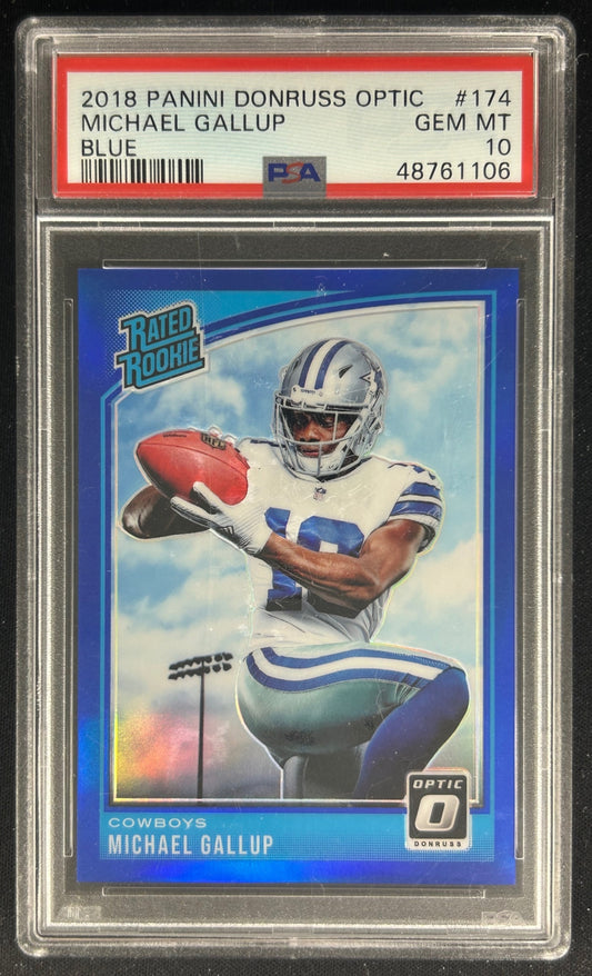 Front of Michael Gallup 2018 Donruss Optic Blue Prizm /149 PSA 10 Cowboys